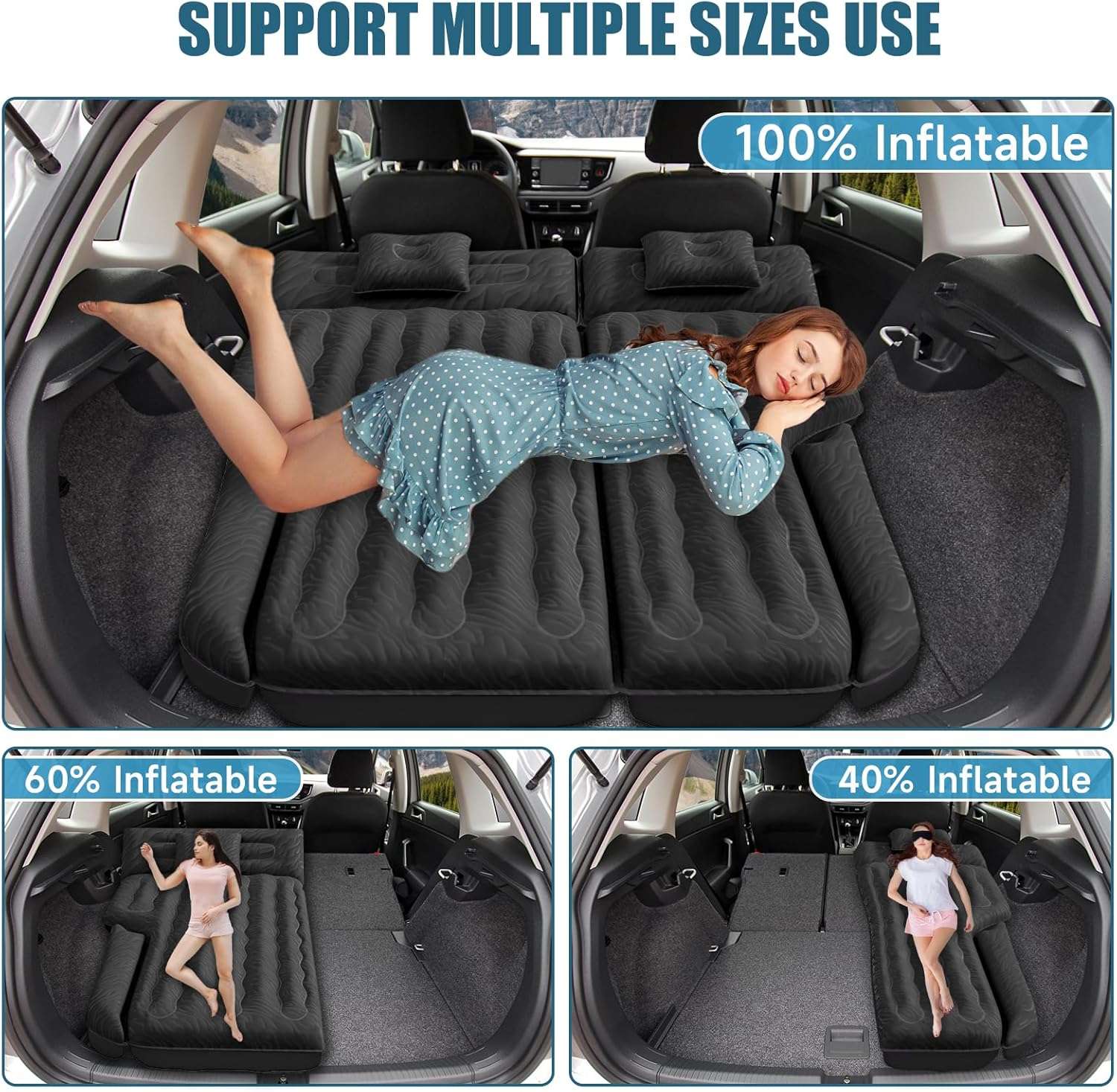 DikaSun 63in Extended SUV Mattress — Quick Inflate, Includes Pump & 2 Pillows,Black